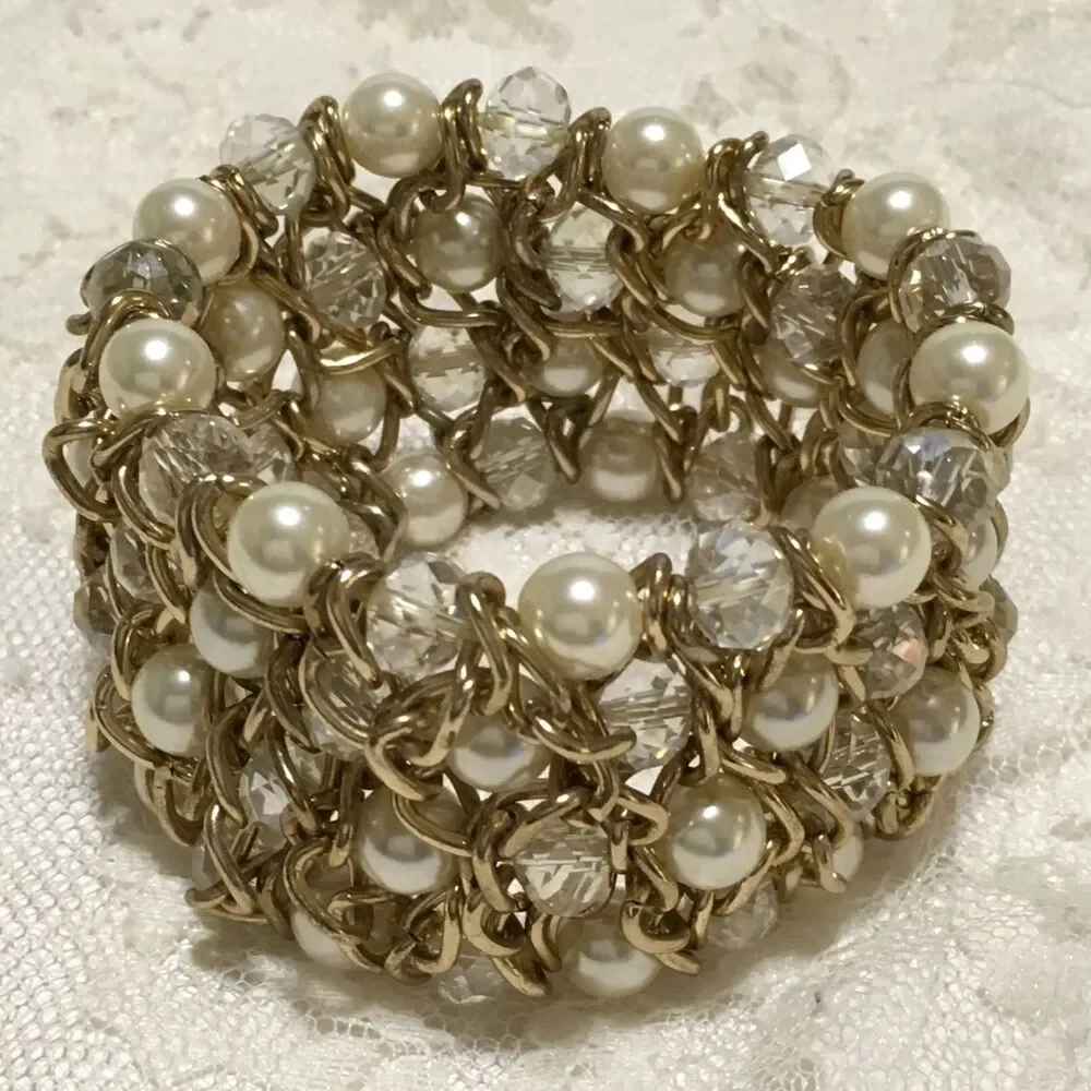 Chunky Stretch Bracelet Gold Tone White Clear Beads